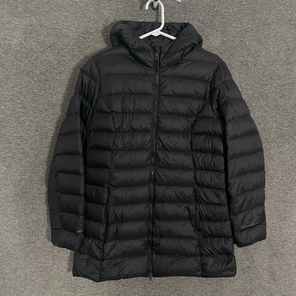 Eddie Bauer Coat Womens Medium Black EB650 Down Puffer Hooded Full Zip Warm